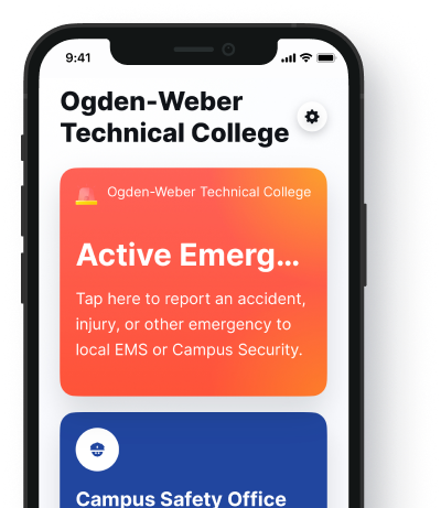 Mockup of iPhone with campus safety emergencies shown on it