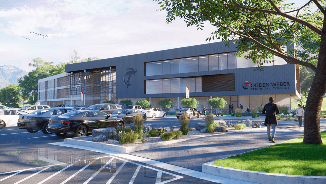 Future Wasatch Peaks Pathway Building at Ogden-Weber Technical College with a modern design, large windows, parking spaces, and landscaped areas.