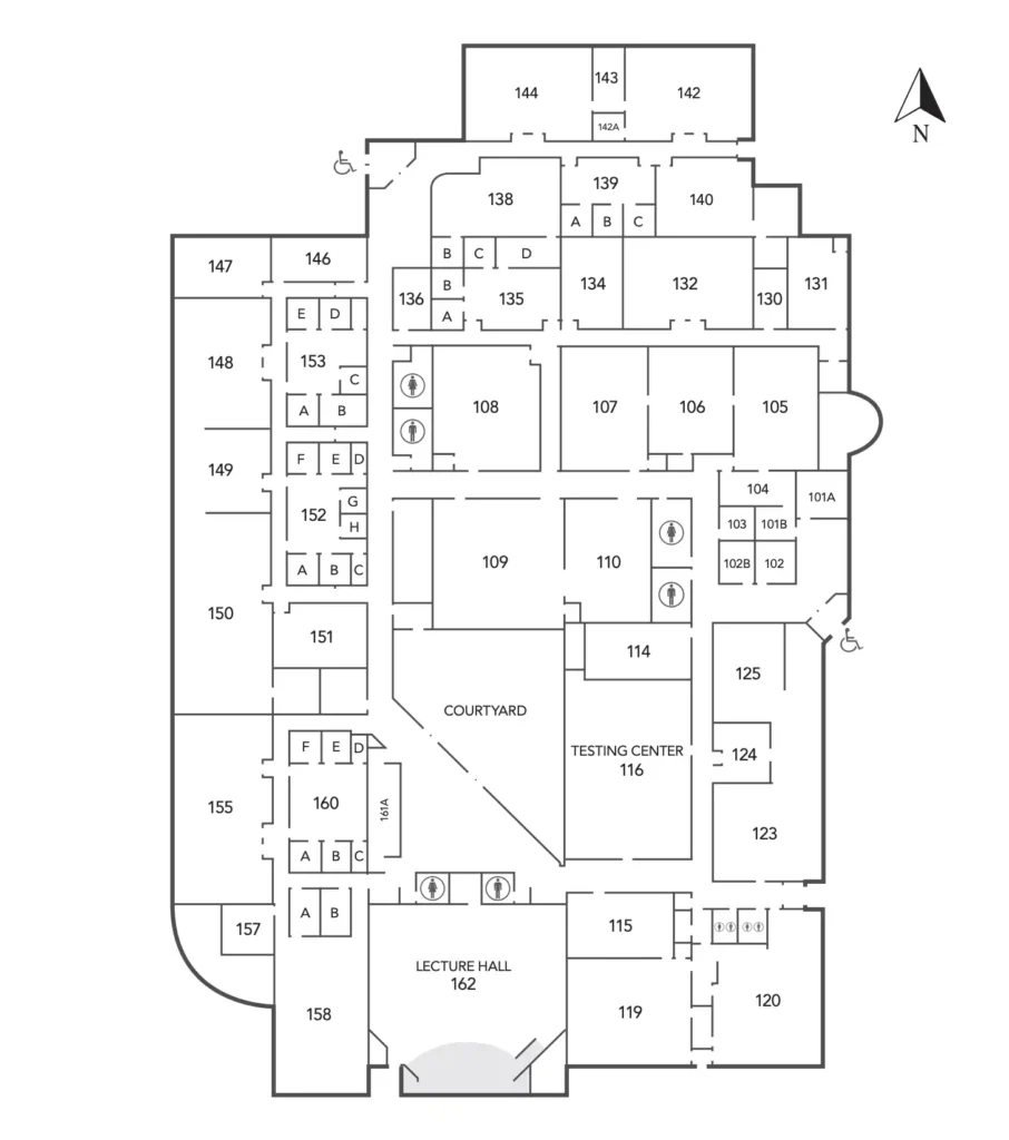 Floor plan map of OTECH's Business Technology building showing numbered classrooms and offices including a Lecture Hall, restrooms, accessible entrance, and rooms 101–162 for business, IT, and related training programs