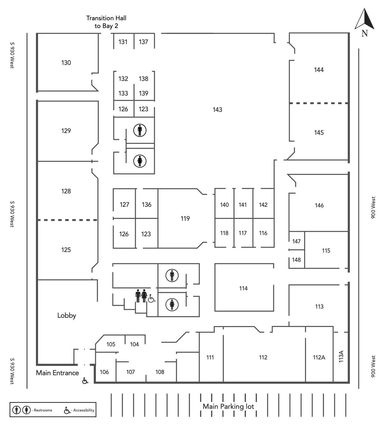 Floor plan map of OTECH's Collette Mercier Campus – BDO Bay 1 building showing the Main Entrance, Lobby, numbered rooms 104–145, restrooms, accessible entrance, main parking lot, and transition hall to Bay 2
