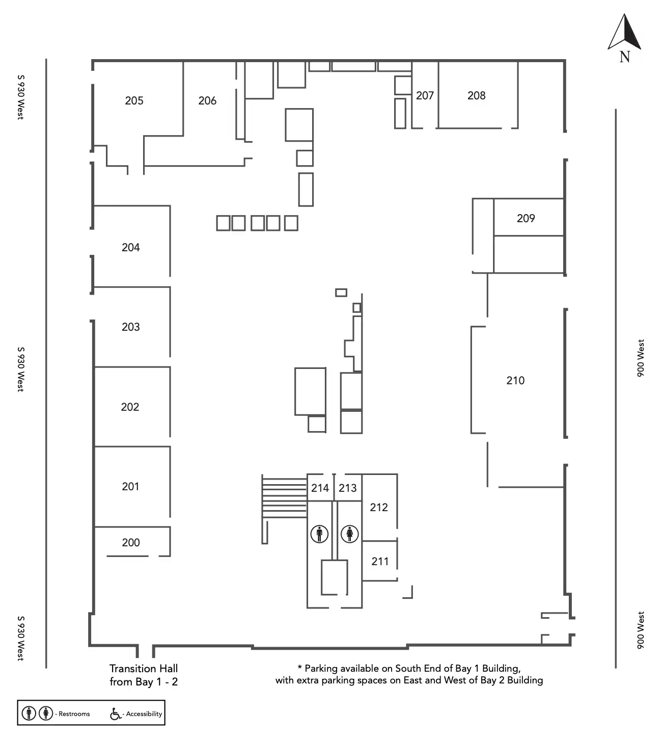 Floor plan map of OTECH's Collette Mercier Campus – BDO (Bay 2 building) showing rooms 200–211, restrooms, accessible entrance, transition hall between Bay 1 and Bay 2, and parking information along S 930 West