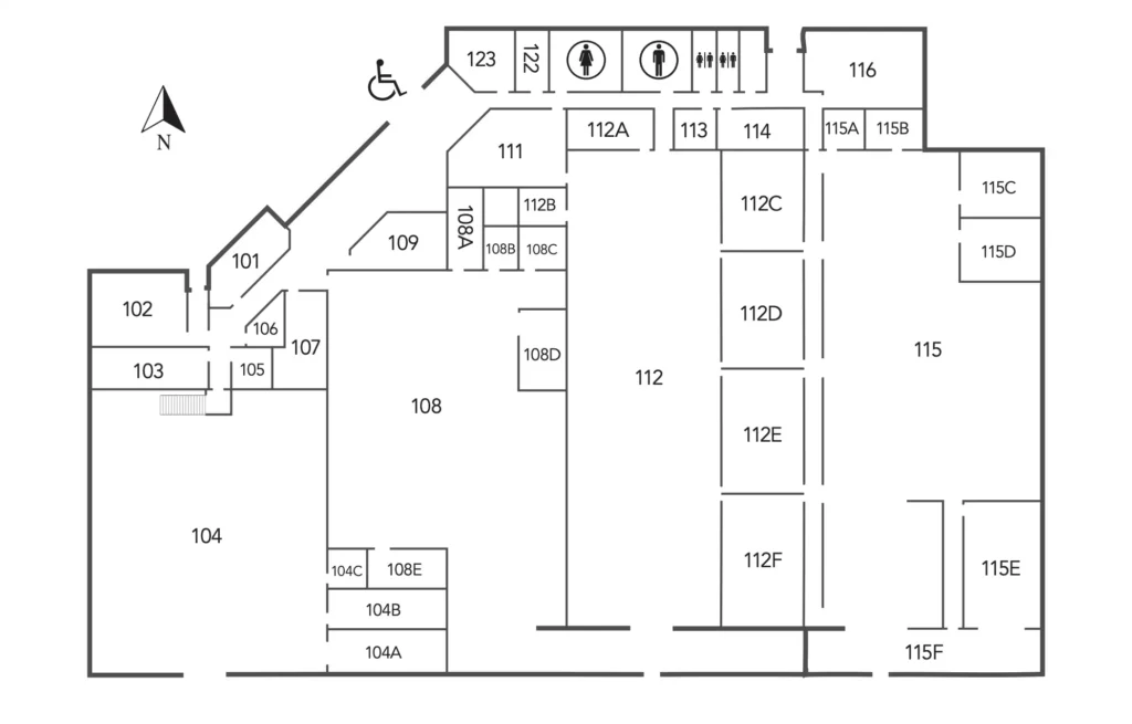 Floor plan map of OTECH's Construction Technology building showing numbered classrooms and shop spaces for construction and trades training programs, with restrooms, accessible entrance, and a north compass indicator