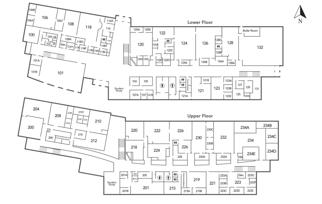 Multi-floor plan map of OTECH's Health Technology building showing the Lower Floor and Upper Floor layouts with numbered classrooms, labs, and clinical spaces for healthcare training programs