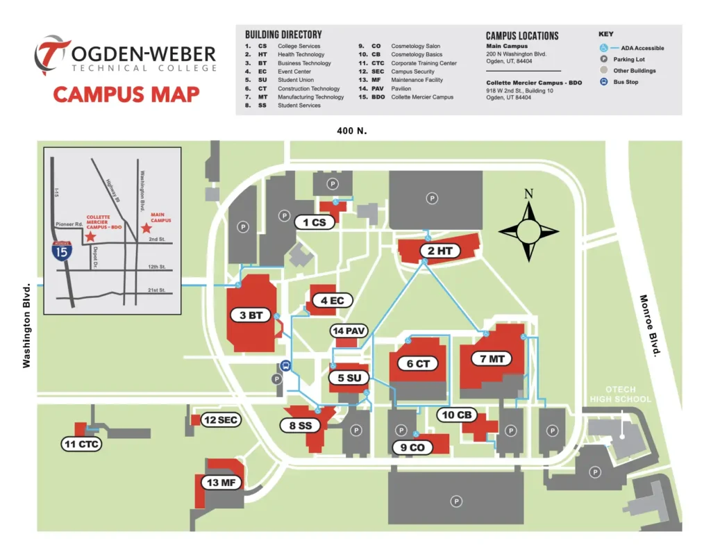 Ogden-Weber Technical College campus map showing the Main Campus at 200 N Washington Blvd and Collette Mercier Campus – BDO, with a building directory listing 15 campus buildings including Health Technology, Business Technology, Manufacturing Technology, Student Services, and Cosmetology Salon