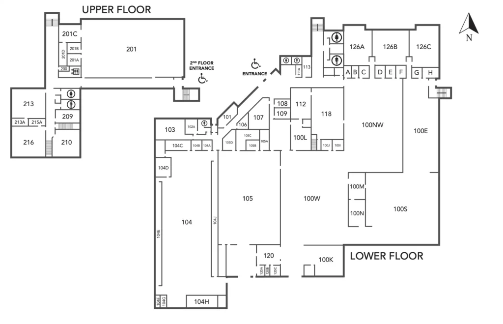 Multi-floor plan map of OTECH's Manufacturing Technology building showing the Upper Floor and Lower Floor layouts with numbered rooms and lab spaces for manufacturing, automation, and trades programs