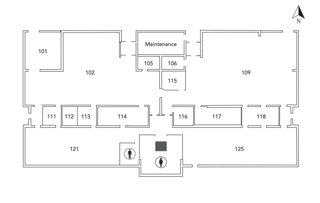 Floor plan map of The Salon in OTECH's Cosmetology building, showing room numbers and layout for student salon services