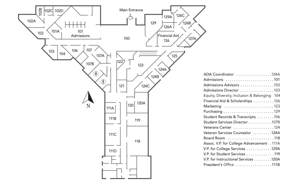Floor plan map of OTECH's Student Services building showing rooms including Admissions, Financial Aid, Veterans Center, and administrative offices, with a room directory listing office locations by room number
