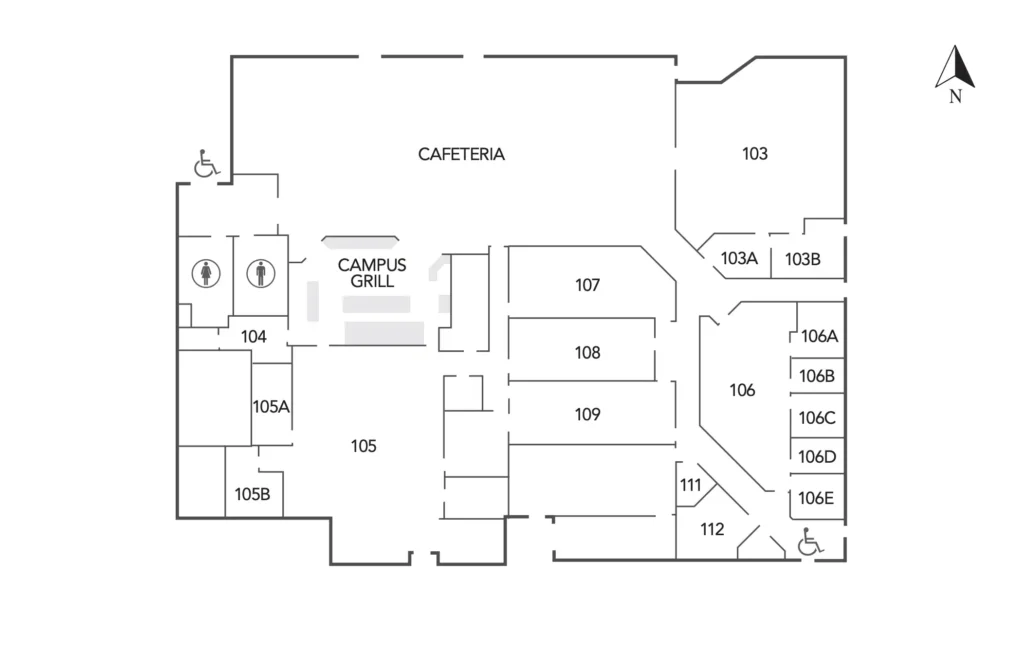 Floor plan map of OTECH's Student Union building showing the Cafeteria, Campus Grill, restrooms, and numbered rooms 103 through 112 and 106A through 106E with a north direction indicator