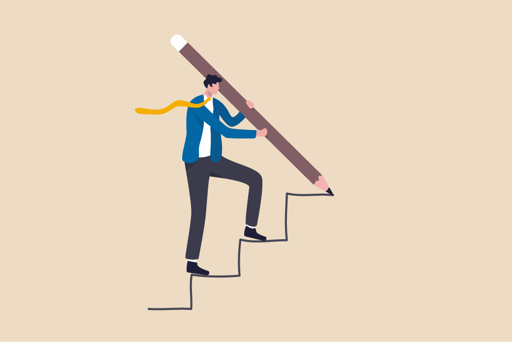Person creating or drawing his own next steps up on a staircase