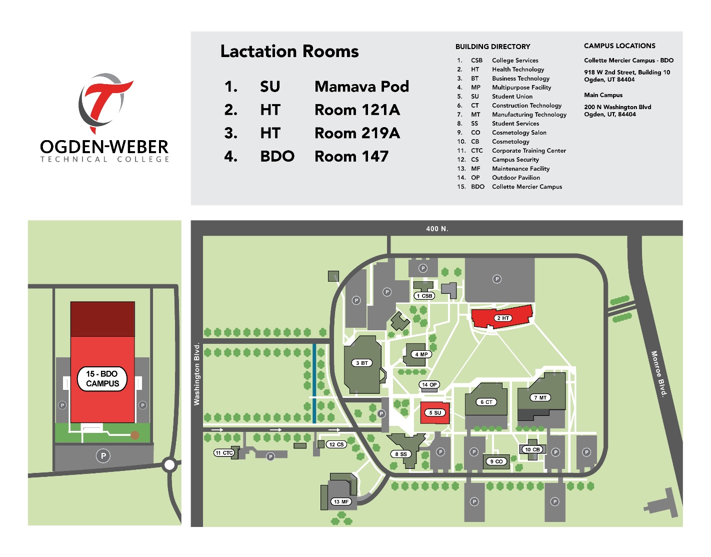 Ogden-Weber Technical College campus map showing lactation room locations including the Mamava Pod in Student Union, rooms in Health Technology, and BDO Room 147